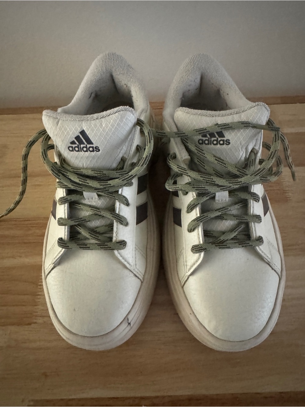 adidas White Sneakers with Olive Green Laces